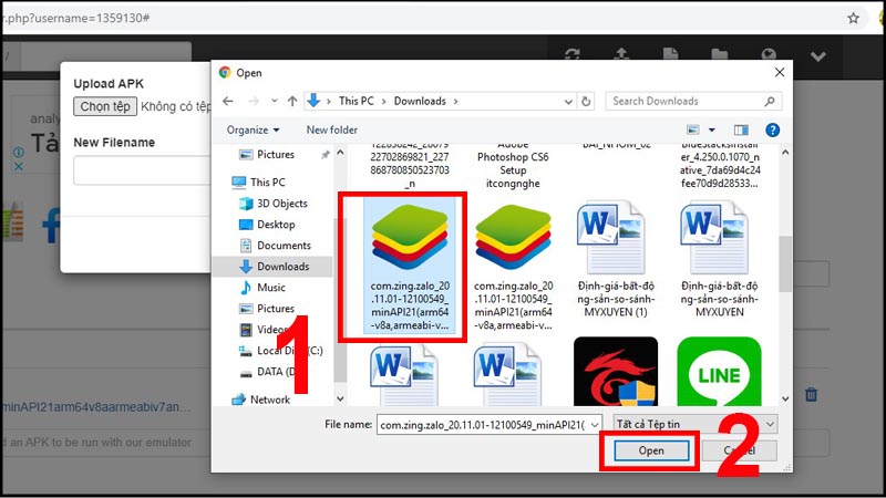 Chọn file APK vừa tải > chọn Open